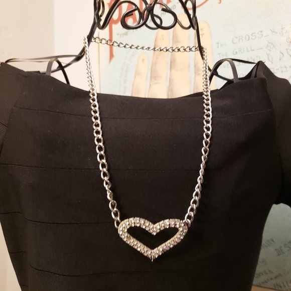 SOLD Statement Heart Rhinestone Open Pendant Silvertone Necklace - Picture 2 of 7